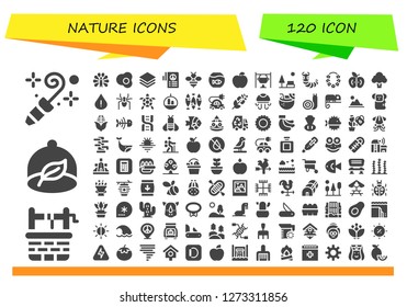  nature icon set. 120 filled nature icons. Simple modern icons about  - Blower, Water well, Ecologism, Peacock, Egg, Albums, Peace, Bee, Fishbowl, Apple, Bonfire, Park, Caterpillar