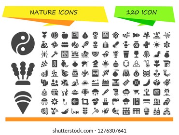  nature icon set. 120 filled nature icons. Simple modern icons about  - Yin yang, Clam, Seaweed, Turnip, Watermelon, Apple, Image, Drop, Flower, Picture, Bird house, Snake, Fish