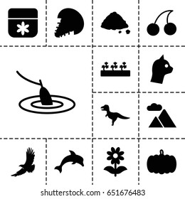 Nature icon. set of 13 filled natureicons such as pumpkin, eagle, flower, cherry, sprout plants, ground heap, mountain, fishing, dolphin, extinct sea creature, dinosaur