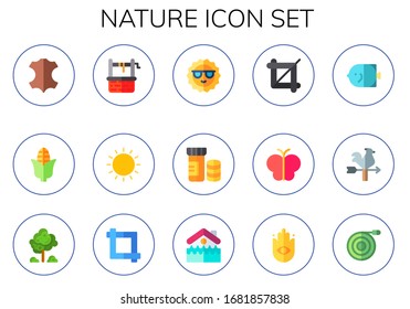 nature icon set. 15 flat nature icons. Included leather, corn, water well, sunny, sun, vitamins, crop, butterfly, fish, vane, tree, disaster, buddhism, hose icons