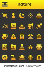 nature icon set. 26 filled nature icons.  Simple modern icons about  - Wheelbarrow, Eruption, Chives, Night, Brightness, Grass, Fishing, Flood, Skyscrapper, Boiled egg, Fish, Lemonade