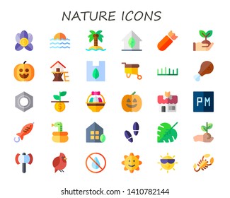 nature icon set. 30 flat nature icons.  Simple modern icons about  - orchid, sea, coconut tree, eco house, bomb, sprout, pumpkin, tree house, plastic, wheelbarrow, grass, chicken