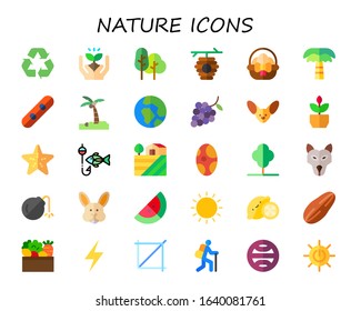 nature icon set. 30 flat nature icons.  Simple modern icons such as: recycle, sprout, forest, beehive, easter egg, palm tree, snowboard, planet earth, grapes, fennec, plant, starfish
