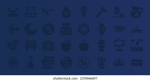 nature icon set. 32 filled nature icons. on blue background style Simple modern icons about  - Island, Fish, Leaf, Sun, Farm, Night, Bench, Chicken, Branch, Water, Veterinary