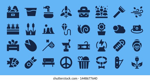 nature icon set. 32 filled nature icons. on blue background style Collection Of - Vegetables, Carrots, Flowerpot, Fish, Syrup, Reed, Pistachio, Bomb, Snake, Canyon, Butterfly net