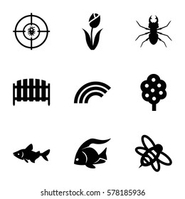 nature icon. Set of 9 nature filled icons such as tree, fish, beetle, fence, bee, dna, flower