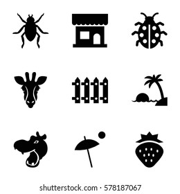 nature icon. Set of 9 nature filled icons such as strawberry, giraffe, hippopotamus, beetle, beauty salon, fence, ladybug, umbrella