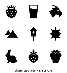 nature icon. Set of 9 nature filled icons such as mulberry, rabbit, goat, strawberry, nesting house, drink, sun