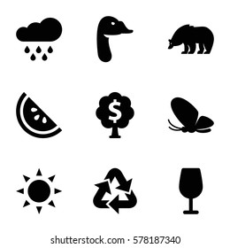 nature icon. Set of 9 nature filled icons such as sun, bear, butterfly, goose, Cocktail, money tree, watermelon, rain
