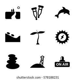 nature icon. Set of 9 nature filled icons such as plant, spa stones, spa stone, open air, pipette, dolphin, landscape, observation military tower