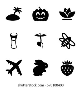 nature icon. Set of 9 nature filled icons such as rabbit, milk glass, flower, strawberry, bee, sprout, pumpkin haloween, island
