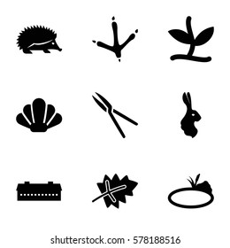 nature icon. Set of 9 nature filled icons such as barn, leaf, hedgehog, footprint of  icobird, rabbit, garden tools, pond, plant