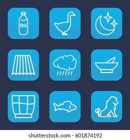 nature icon. Set of 9 outline nature icons such as lion, goose, field, sun, fish, oil, bowl, moon and stars