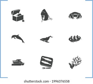 Nature icon set and baked fish with mammal, baleen whale and marine crab. Respiration related nature icon vector for web UI logo design.