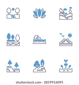 Nature icon set. Bold line style. Duotone colors. Editable stroke. lotus, landscape, dead sea, nature, tree, fault, sprout.