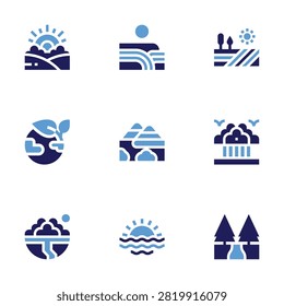 Nature icon set. Bold style. Duotone colors. sunrise, earth, field, nature, fields, mountain, sunset.