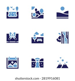 Nature icon set. Bold style. Duotone colors. valley, lake, natural gum, nature, park, river.