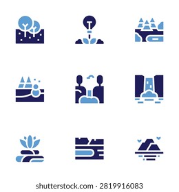 Nature icon set. Bold style. Duotone colors. nature, waterfall, trees, lake, forest, snow, meditation, island.