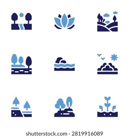 Nature icon set. Bold style. Duotone colors. lotus, landscape, dead sea, nature, tree, fault, sprout.