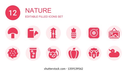 nature icon set. Collection of 12 filled nature icons included Mushroom, Watering can, Free fall, Pineapple, Apple, Tumbleweed, Water, Juice, Paprika, Triceratops, Landscape, Duck