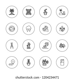 Nature icon set. collection of 16 outline nature icons with coconut tree, caterpillar, dna, fish, forest, flowers, kite, raining, plant, sea, sleeping bag, rock, pruner icons.