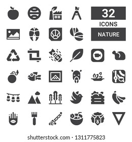 nature icon set. Collection of 32 filled nature icons included Water, Triceratops, Coconut drink, Fishing rod, Rake, Buddhism, Banana, Fruit box, Dove, Seaweed, Landscape, Lights