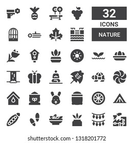 nature icon set. Collection of 32 filled nature icons included Pollution, Lights, Cactus, Salad, Footprint, Peas, Tent, Lemon, Seeds, Rabbit, Flour, Blood, Vortex, Turtle, Manta ray