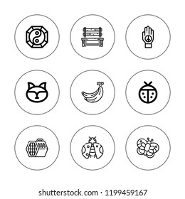 Nature icon set. collection of 9 outline nature icons with banana, bench, butterfly, ladybird, ladybug, pet, peace, squirrel icons. editable icons.