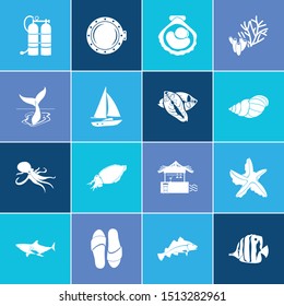 Nature Icon Set And Conch With Oxygen Balloons, Whale Tail And Shark. Air Tank Related Nature Icon Vector For Web UI Logo Design