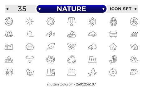 Nature icon set. Containing recycling, plant, nature, eco, earth, green energy, trees, ecology and more. Outline vector icons collection.
