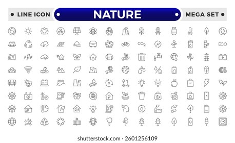Nature icon set. Containing recycling, plant, nature, eco, earth, green energy, trees, ecology and more. Outline vector icons collection.

