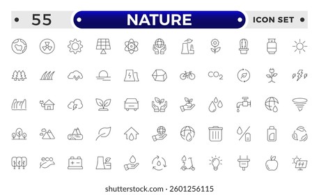 Nature icon set. Containing recycling, plant, nature, eco, earth, green energy, trees, ecology and more. Outline vector icons collection.
