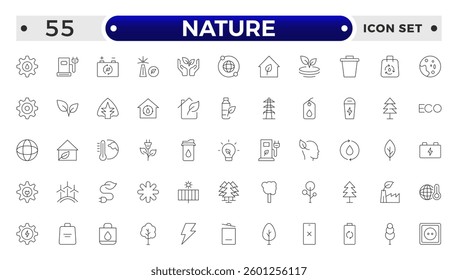 Nature icon set. Containing recycling, plant, nature, eco, earth, green energy, trees, ecology and more. Outline vector icons collection.
