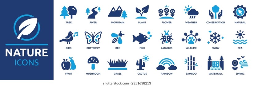 Nature icon set. Containing river, mountain, plant, tree, flower, weather, wildlife, bird, butterfly, fish and bee icons. Solid icon collection. Vector illustration.