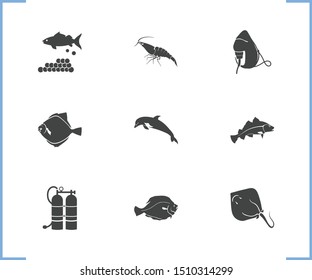 Nature icon set and crampfish with oxygen mask, flatfish and shrimp. Air tank related nature icon vector for web UI logo design