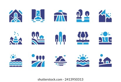 Nature icon set. Duotone color. Vector illustration. Containing field, falling debris, landslide, waterfall, sinking, tree, forest, drought, hill, science, island, sea, farm.