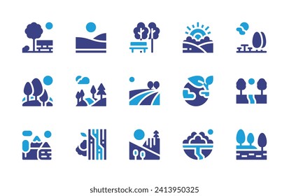 Nature icon set. Duotone color. Vector illustration. Containing sunrise, valley, park, rest area, earth, lanscape, field, landscape, nature, natural gum.