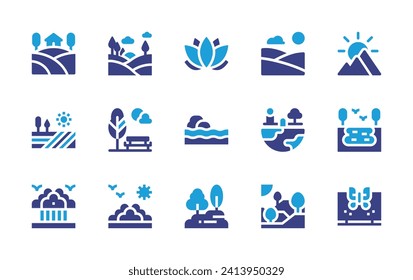 Conjunto de iconos de la naturaleza. Color de duotona. Ilustración vectorial. Conteniendo loto, casa, montañas, paisaje, colinas, mar muerto, campo, lago, parque, medio ambiente, árbol, naturaleza.