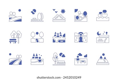 Nature icon set. Duotone style line stroke and bold. Vector illustration. Containing park, rest area, field, nature, farming, forest, beach, snow, river, mountains.