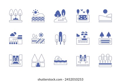 Nature icon set. Duotone style line stroke and bold. Vector illustration. Containing valley, dead sea, field, lake, tree, nature, forest, waterfall, island, country, sinkhole, fire, sea.