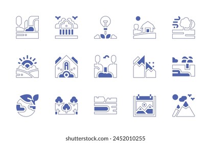 Nature icon set. Duotone style line stroke and bold. Vector illustration. Containing sunrise, earth, nature, waterfall, lake, beach, trees, falling debris, landslide, windstorm, mountain, farm.