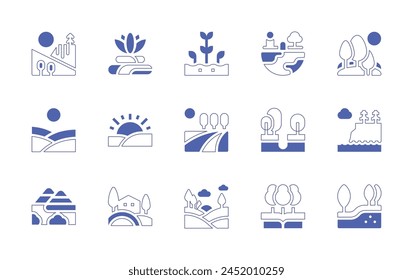 Nature icon set. Duotone style line stroke and bold. Vector illustration. Containing landscape, environment, nature, sprout, mountain, cliff, meditation, sinking, rising sun, science, field, soil.