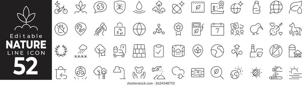 Nature icon set with editable stroke. Nature and ecology thin line icon collection. Vector illustration