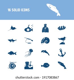 Nature icon set and flatfish with salmon, porthole and people rafting. Summer game related nature icon vector for web UI logo design.