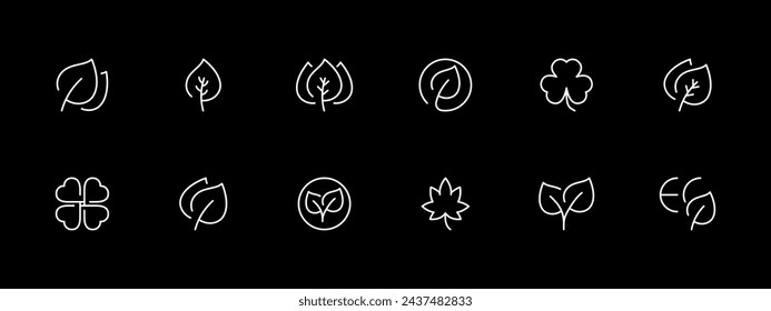 Nature icon set. Foliage, tree, greenery, crown, spring, rustle, branches, grass, wind, shadow, pine needles. White line icon on black background. Vector line icon for business and advertising