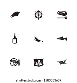 Nature icon set and grilled fish with ship rudder, cuttlefish and pirate flag. Raft related nature icon vector for web UI logo design.