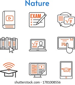nature icon set. included exam, professor, e-book, cap, homework, book, student, tablet, touchscreen icons. bicolor styles.