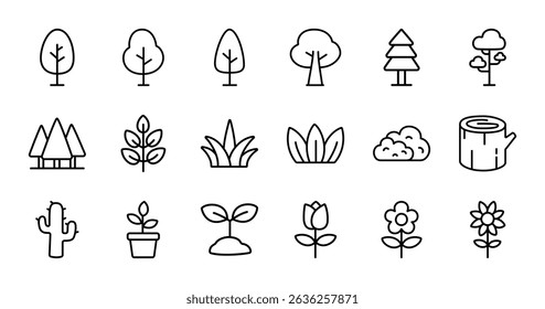 Nature icon set isolated on white, includes tree, grass, flower, leaves, cactus, and many more. Perfect for spring and summer environment-themed desings.