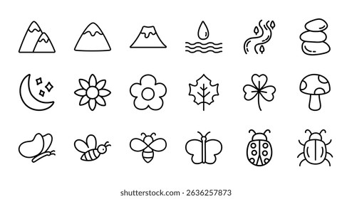Nature icon set isolated on white, includes mountain, flower, river, bugs, butterfly, bee, and many more. Perfect for spring, summer, eco-friendly, and environmental-themed designs