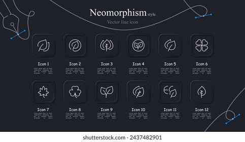 Nature icon set. Leaf, planet, shield, palms, green peace, save the planet, ecology. Neomorphism style. Vector line icon for business and advertising